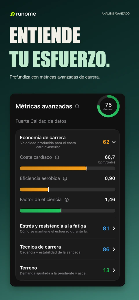 Pantalla de métricas avanzadas de carrera en Runome