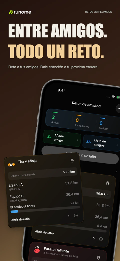 Pantalla de retos entre amigos en Runome