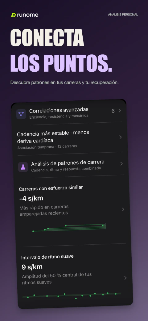 Pantalla de análisis de patrones de carrera en Runome