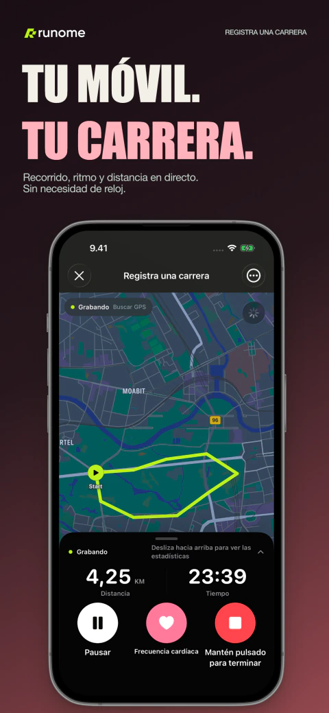 Pantalla de registro de carreras de Runome