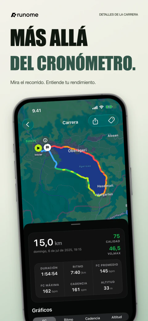 Pantalla de detalles de una carrera en Runome