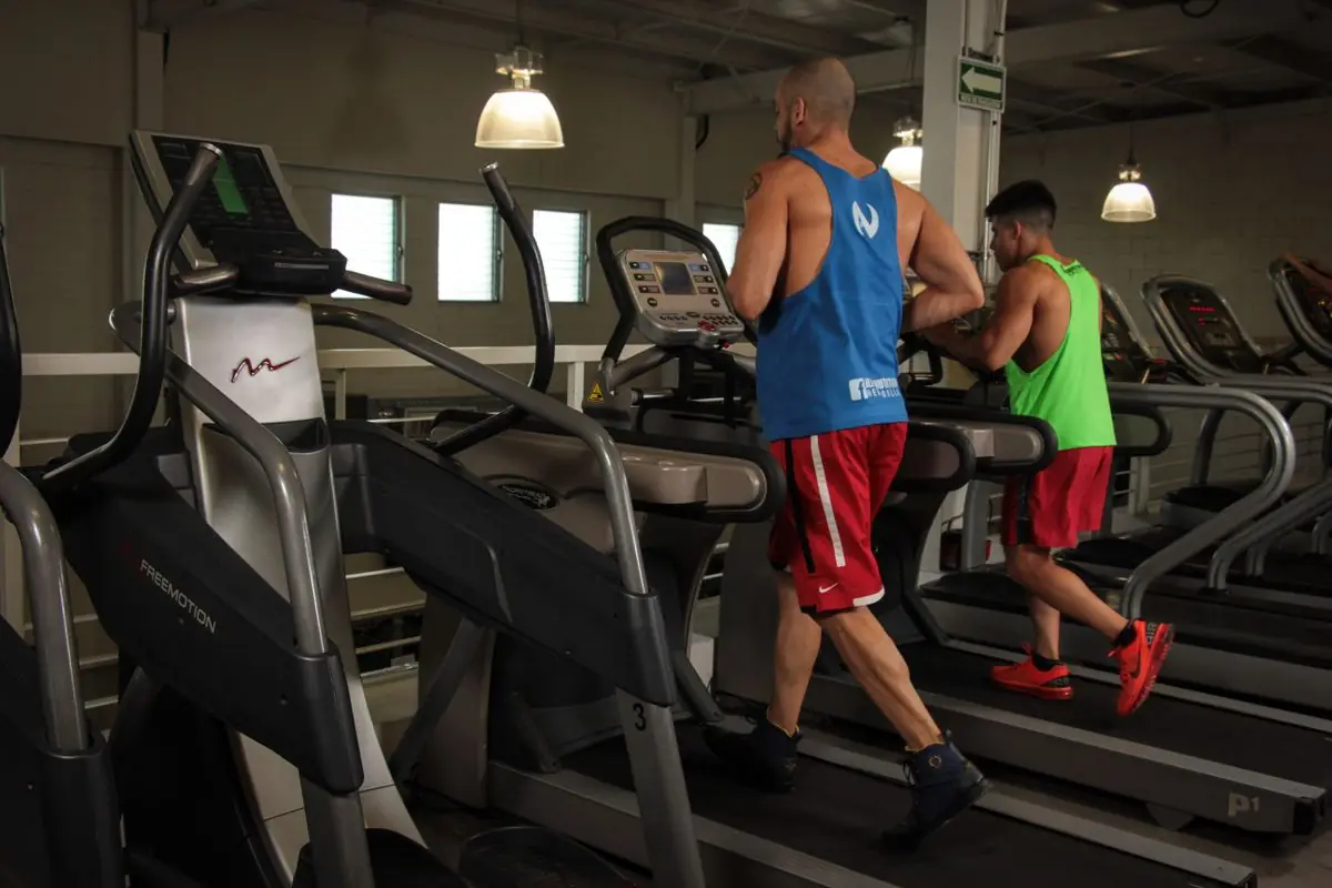 Two men running on treadmills in a modern gym.