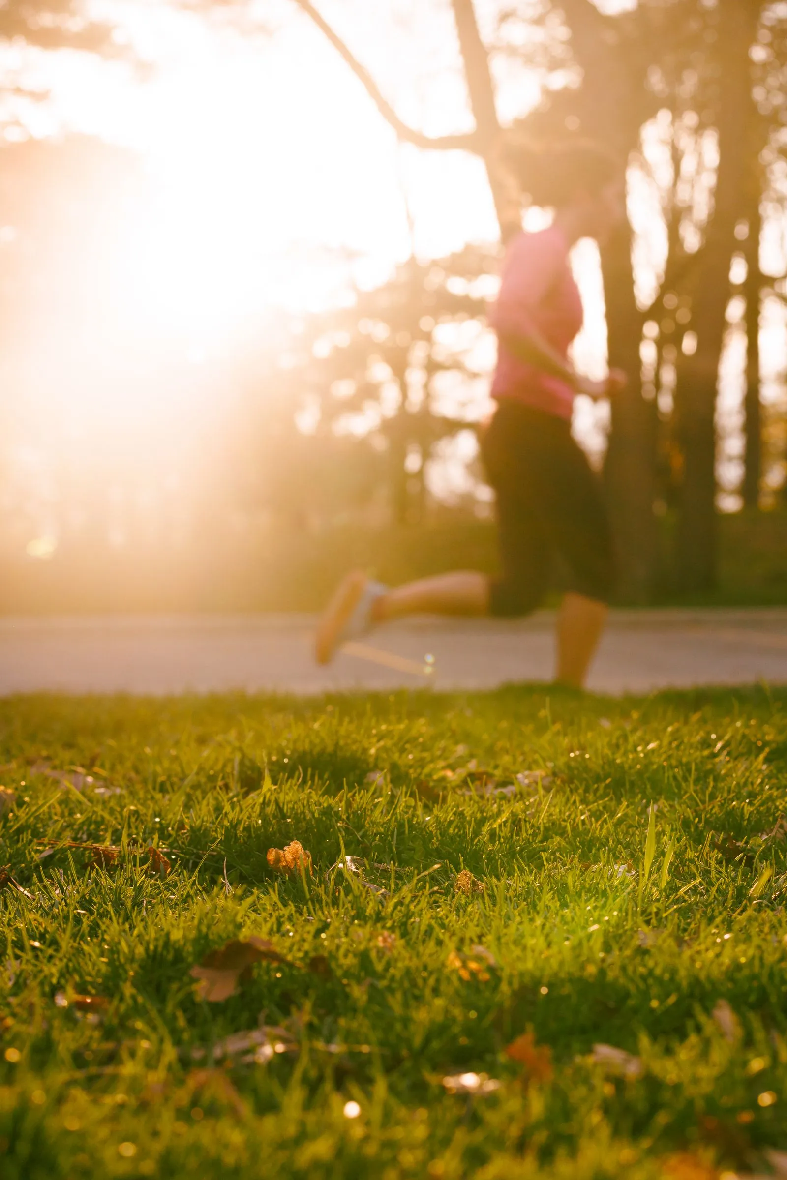 A runner on a quiet park path at sunrise