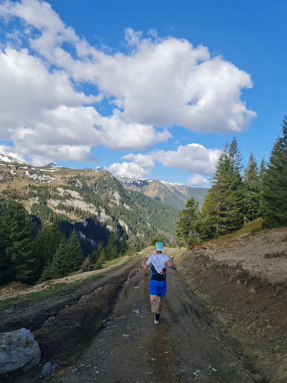 A runner enjoys a scenic trail in mountainous landscape under a bright clear sky.