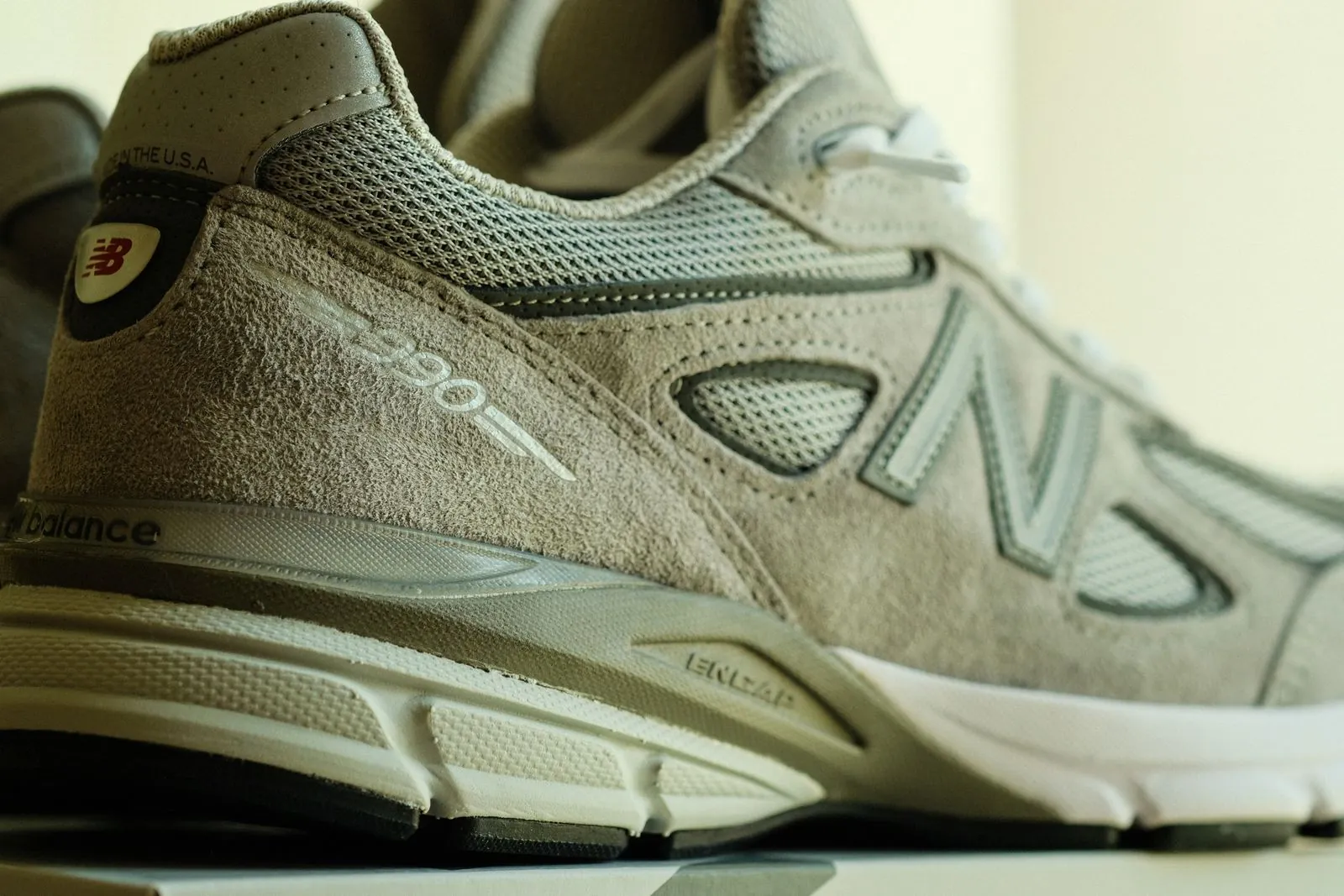 A close view of a grey running shoe