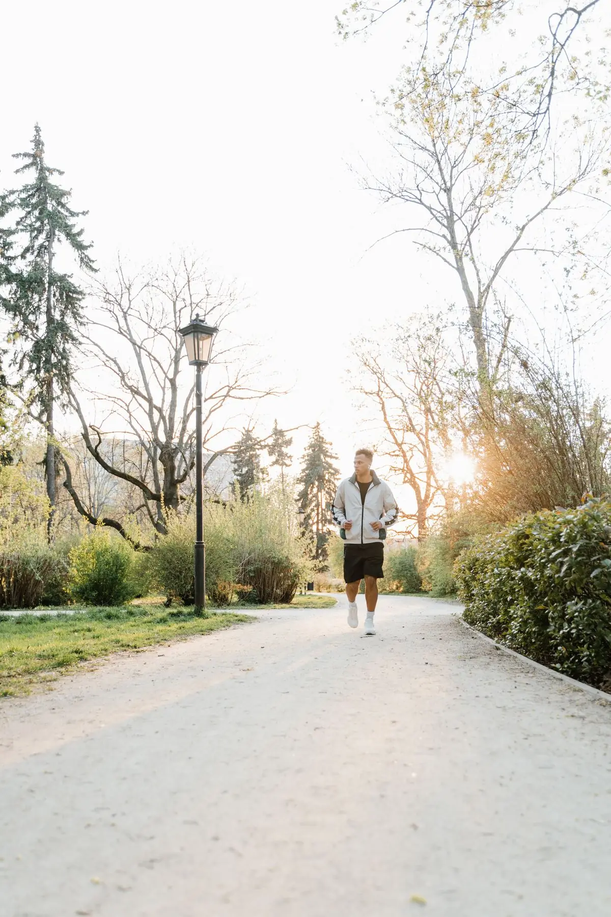A person jogging in a sunlit park with trees.